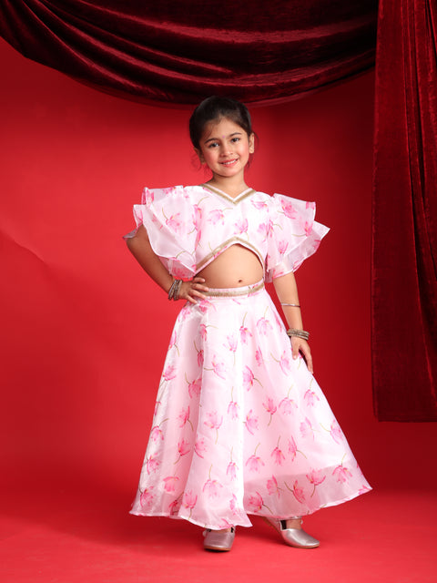 Girls Floral Print Ruffle Sleeves Lehenga Choli Set – Pink