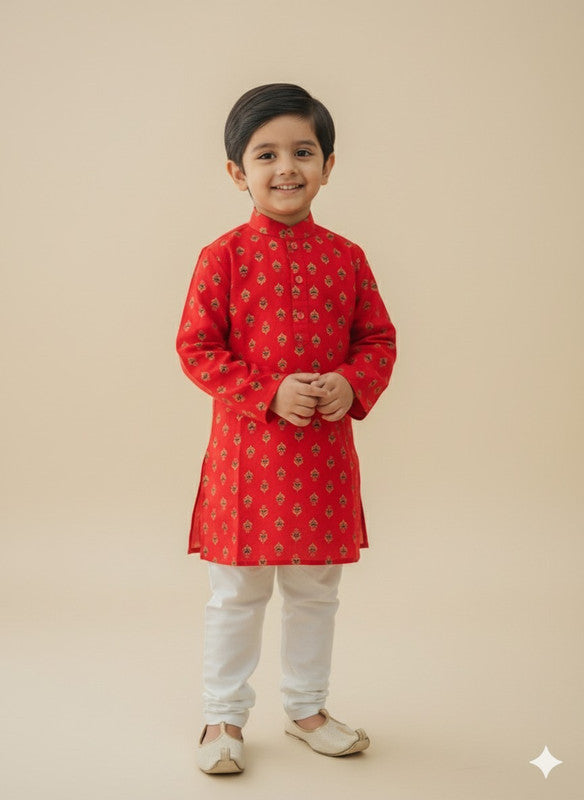 Red printed kurta with white pyjama set for boys, festive ethnic wear by Saka Designs