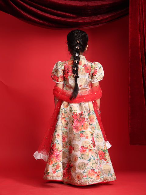 Girls Designer Floral Lehenga Choli with Puff Sleeves & Dupatta