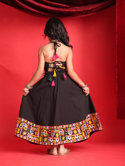 Girls Black Gujarati Embroidered Chaniya Choli with Mirror-Work Detailing