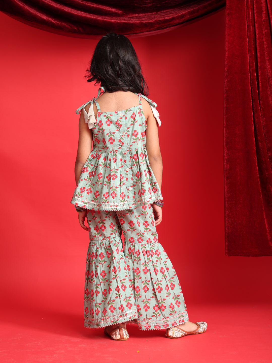 Mint Green Floral Printed Top & Sharara Set for Girls