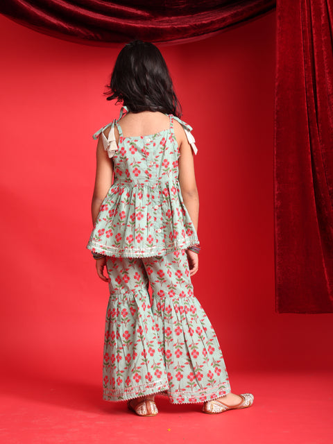 Mint Green Floral Printed Top & Sharara Set for Girls