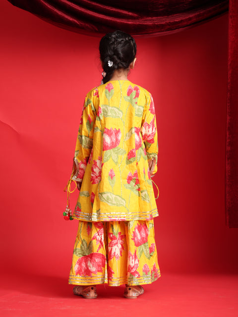 Yellow Floral Printed Lehenga Choli Set for Girls
