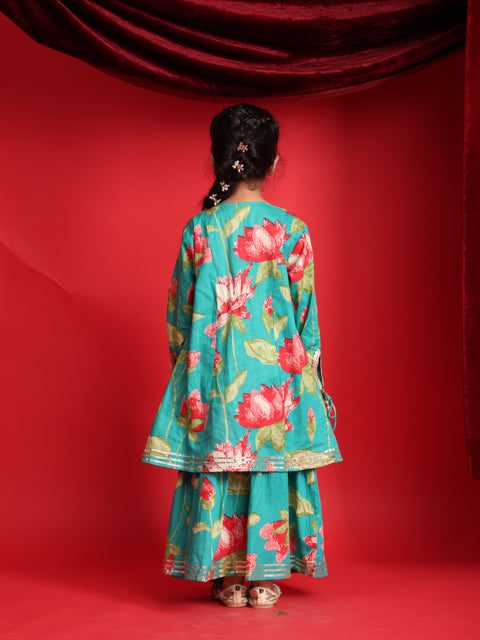 Teal Floral Printed Lehenga Choli Set for Girls