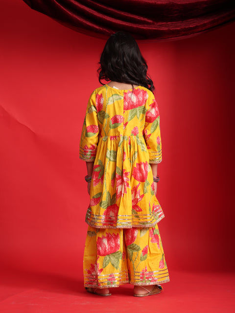 Yellow Floral Printed Kurta & Sharara Set for Girls