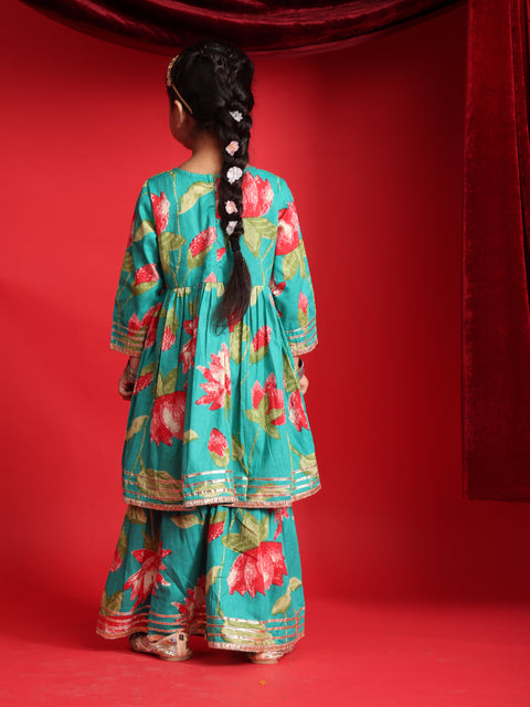 Teal Floral Printed Kurta & Sharara Set for Girls