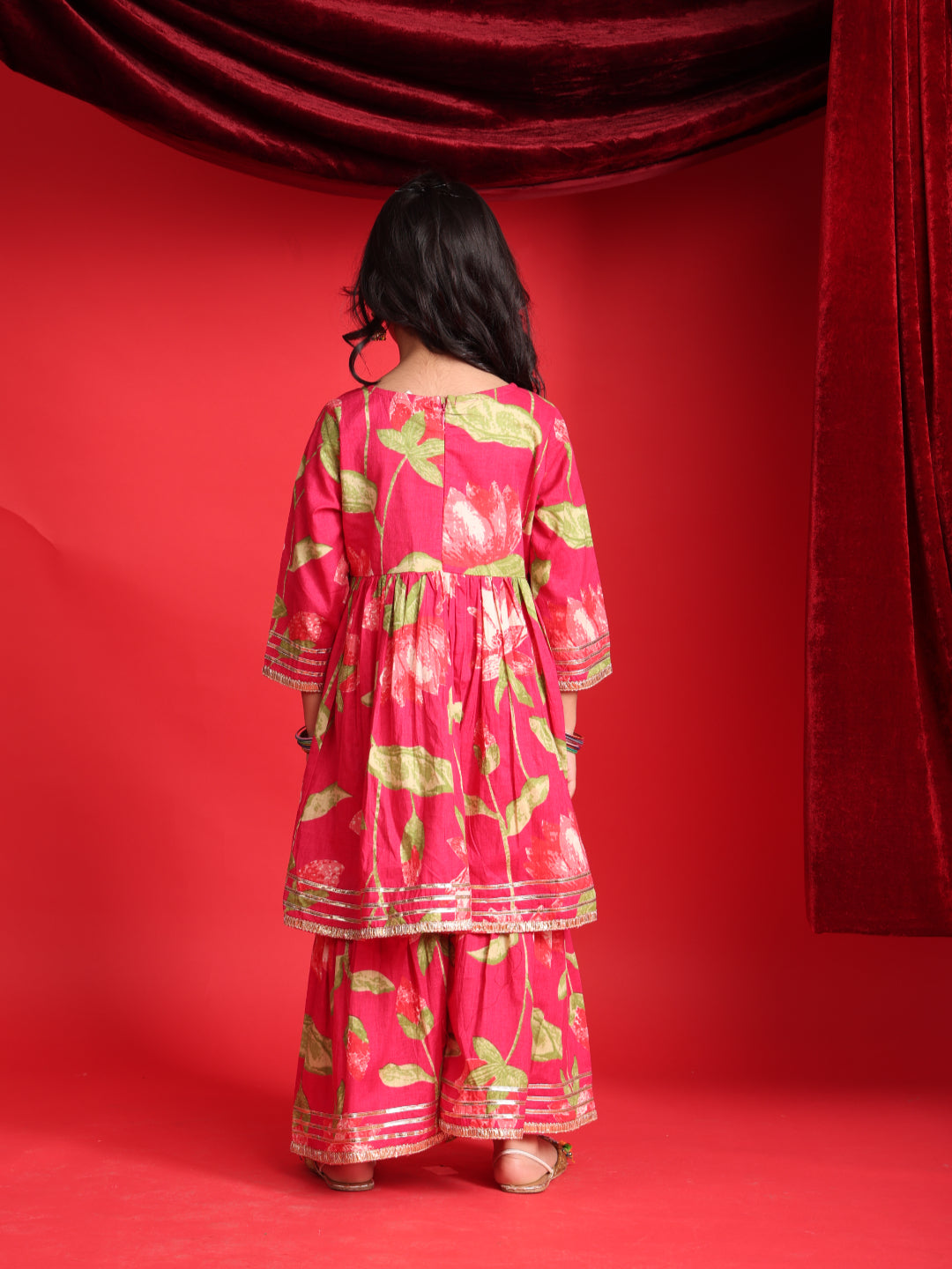 Red Floral Printed Kurta & Sharara Set for Girls