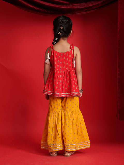 Red & Mustard Ethnic Printed Top & Sharara Set for Girls