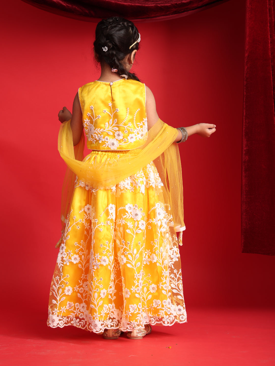 Girls Yellow Embroidered Lehenga Choli