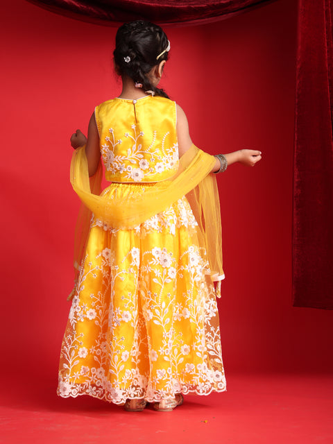 Girls Yellow Embroidered Lehenga Choli