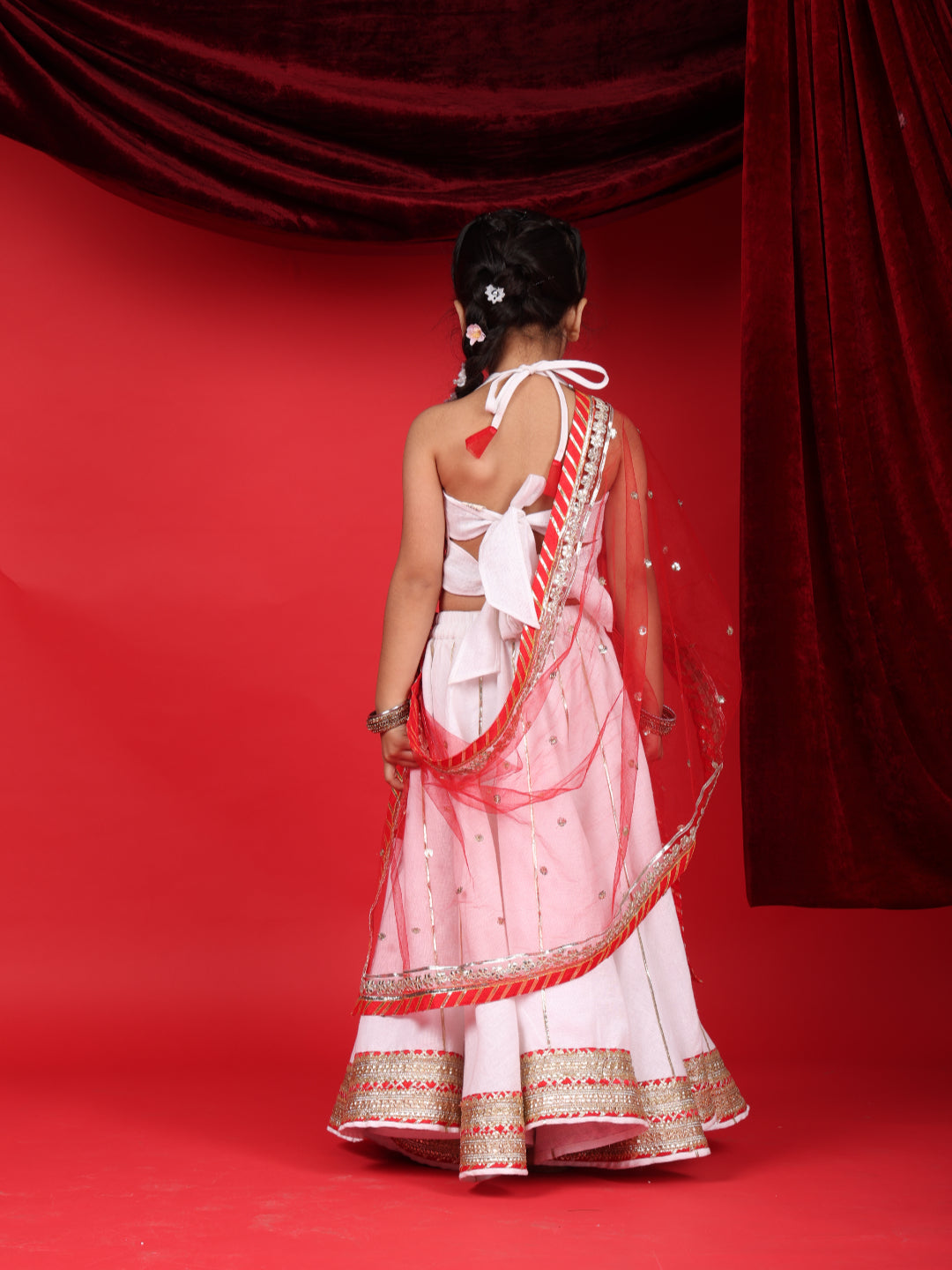 Girls White & Red Festive Lehenga Choli Set with Dupatta