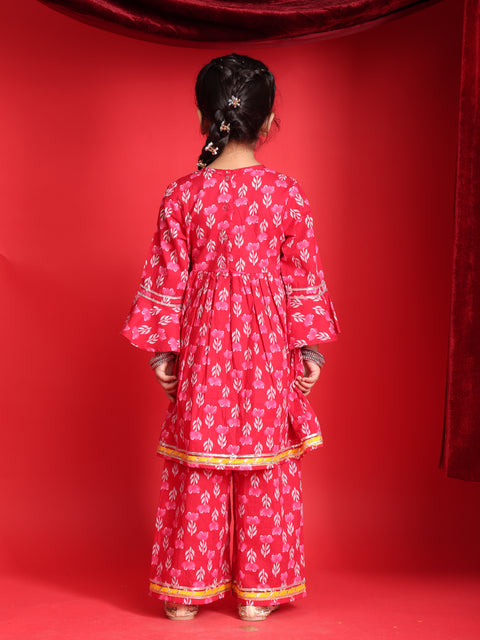 Pink Floral Printed Kurta & Salwar Set for Girls