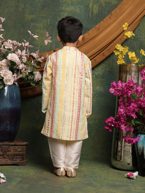 Saka Designs Boy's Sequence Embroidered Kurta & Pajamas - Beige Yellow