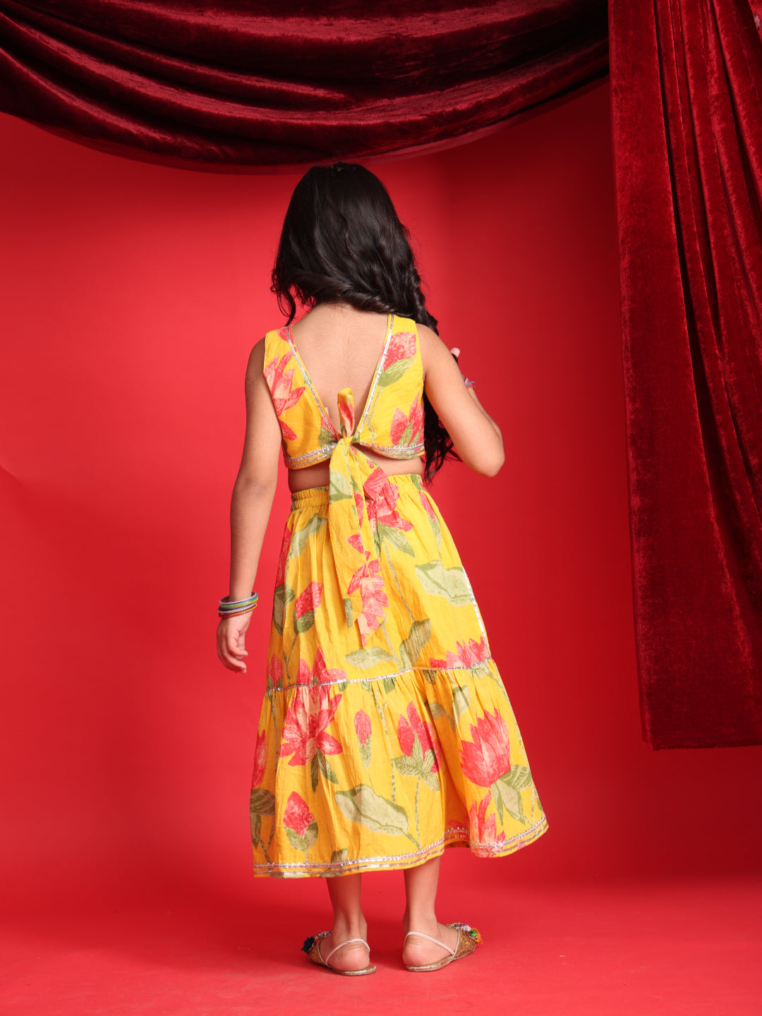 Girls Yellow Floral Printed Lehenga Choli Set