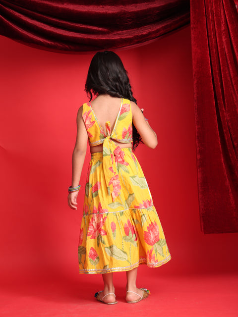 Girls Yellow Floral Printed Lehenga Choli Set
