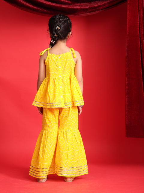 Yellow Bandhani Print Top & Sharara Set for Girls