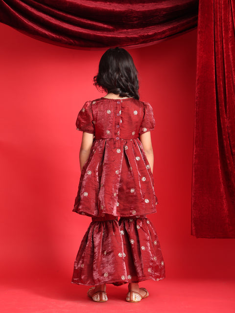 Girls Maroon Embroidered Peplum Kurti with Sharara