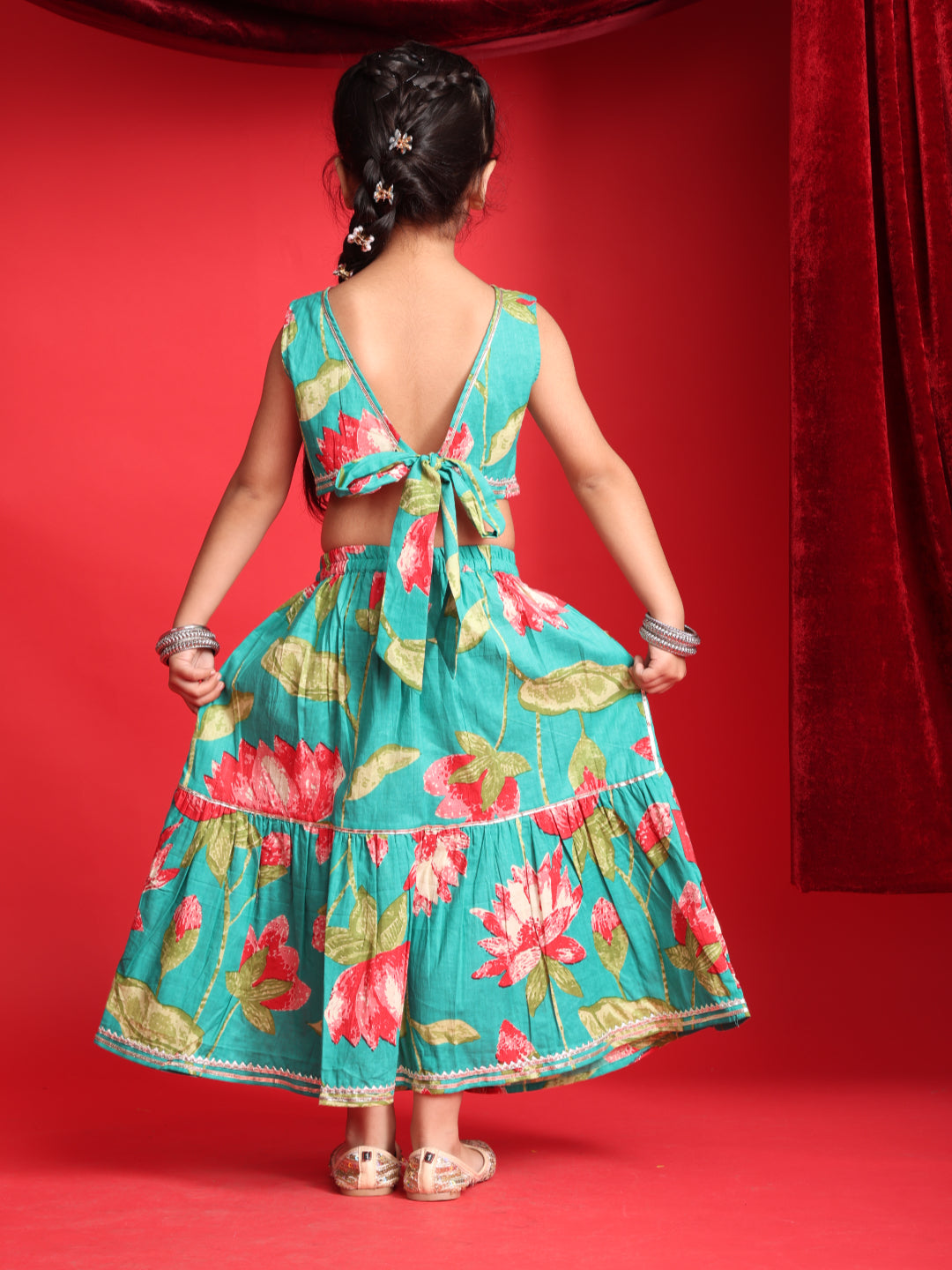 Girls Teal Blue Floral Printed Lehenga Choli Set