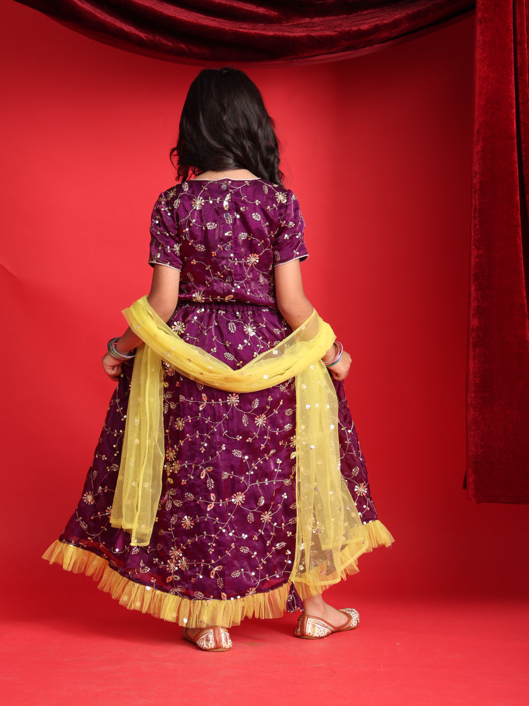 Girls Party Wear Purple Lehenga Choli with Yellow Dupatta
