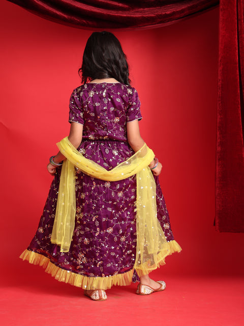 Girls Party Wear Purple Lehenga Choli with Yellow Dupatta