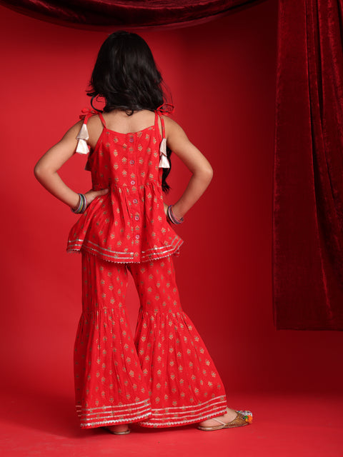 Red Ethnic Printed Top & Sharara Set for Girls