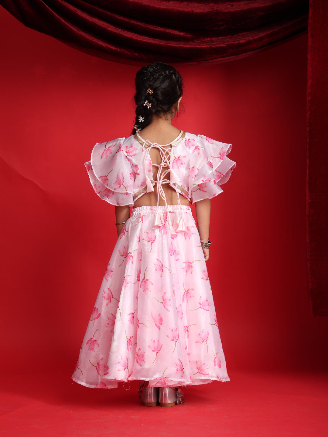 Girls Floral Print Ruffle Sleeves Lehenga Choli Set – Pink