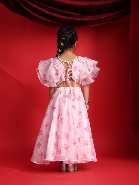 Girls Floral Print Ruffle Sleeves Lehenga Choli Set – Pink