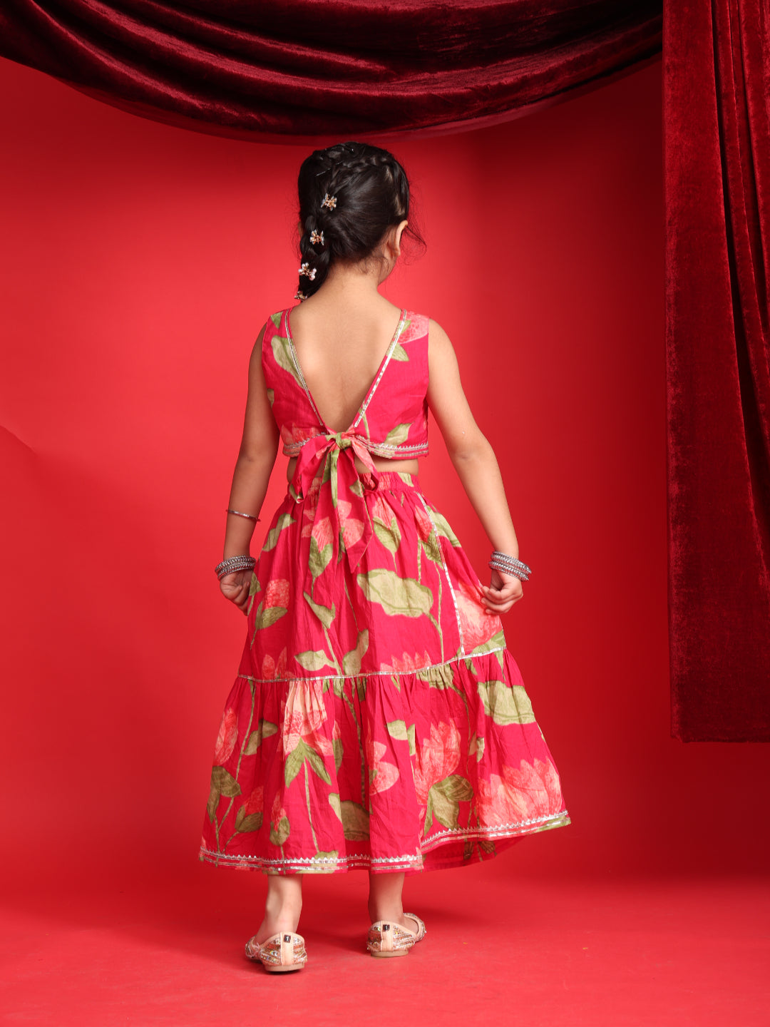 Girls Red Floral Printed Lehenga Choli Set