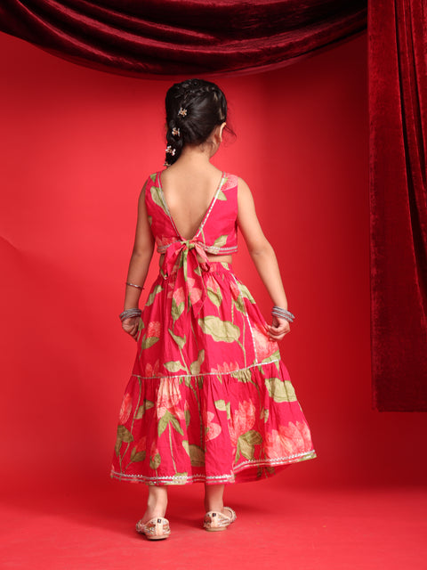 Girls Red Floral Printed Lehenga Choli Set