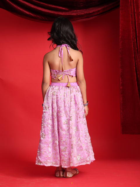 Girls Lavender Embroidered Halter-Neck Lehenga Choli Set