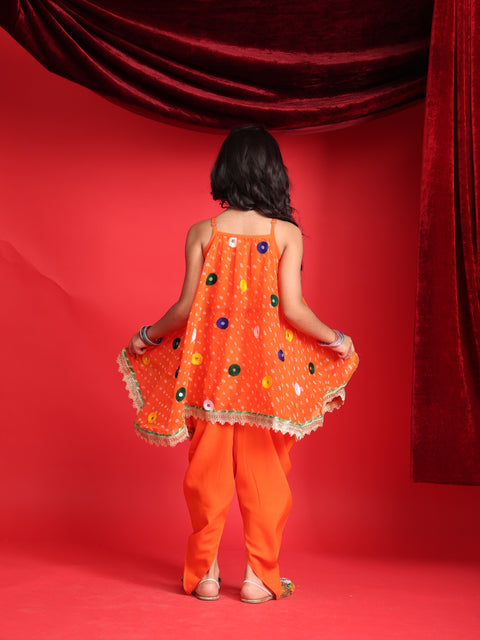 Girls Orange Patiala Suit with Mirror Work