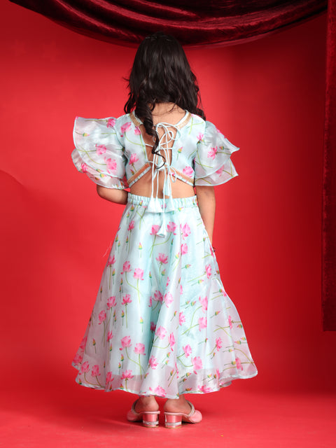 Girls Floral Print Ruffle Sleeves Lehenga Choli Set – Light Blue