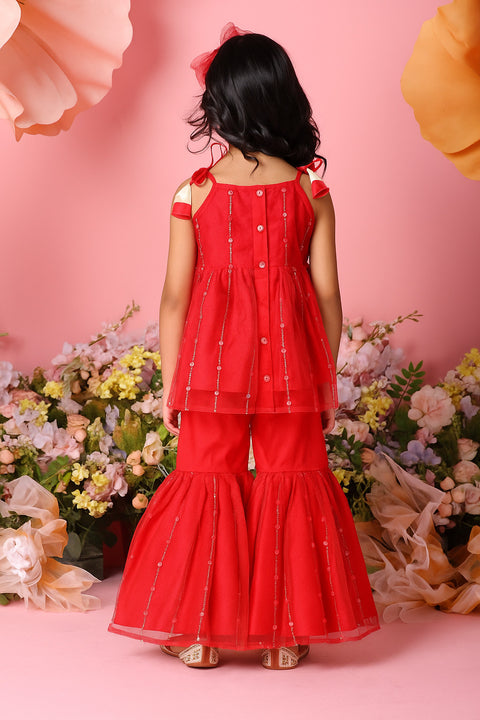 Saka Designs Woven Sleeveless Sequined Peplum Kurta with Sharara Pants - Red