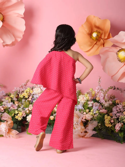 Saka Designs By Sapna Pink One-Shoulder Bandhani Printed Top with Palazzo Pants | Georgette Festive Wear for Girls