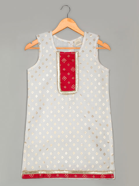 Saka Designs Woven Sleeveless Foil Print Kurta with Dhoti & Dupatta Set – White & Red