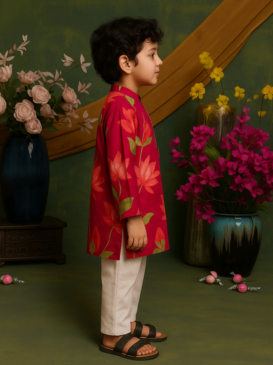 Floral Print Kurta With Pyjama - Red