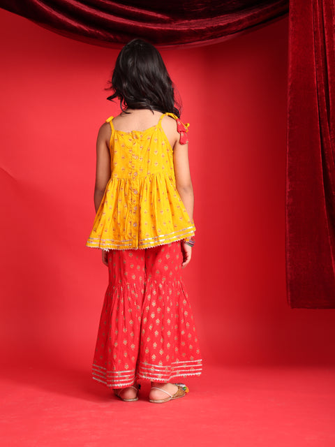 Mustard & Red Ethnic Printed Top & Sharara Set for Girls