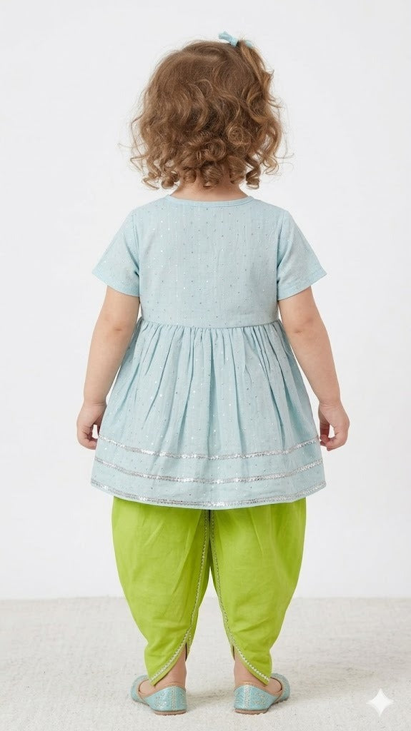 Blue Lurex jhabla & Green Dhoti Set for Girls