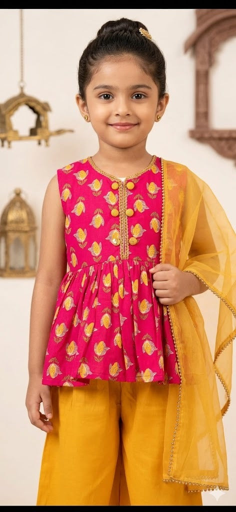 Girls Pink & Mustard Ethnic Kurti Sharara Set with Dupatta