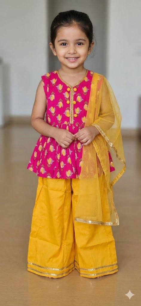 Girls Pink & Mustard Ethnic Kurti Sharara Set with Dupatta