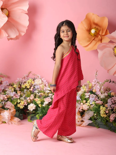 Saka Designs By Sapna Pink One-Shoulder Bandhani Printed Top with Palazzo Pants | Georgette Festive Wear for Girls