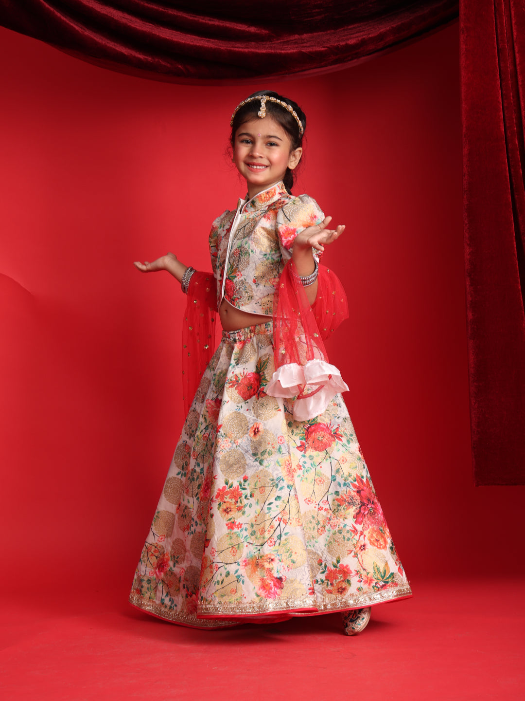 Girls Designer Floral Lehenga Choli with Puff Sleeves & Dupatta