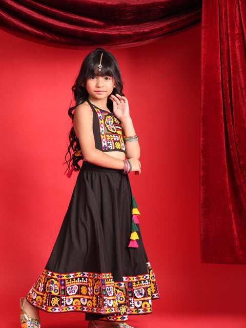 Girls Black Gujarati Embroidered Chaniya Choli with Mirror-Work Detailing