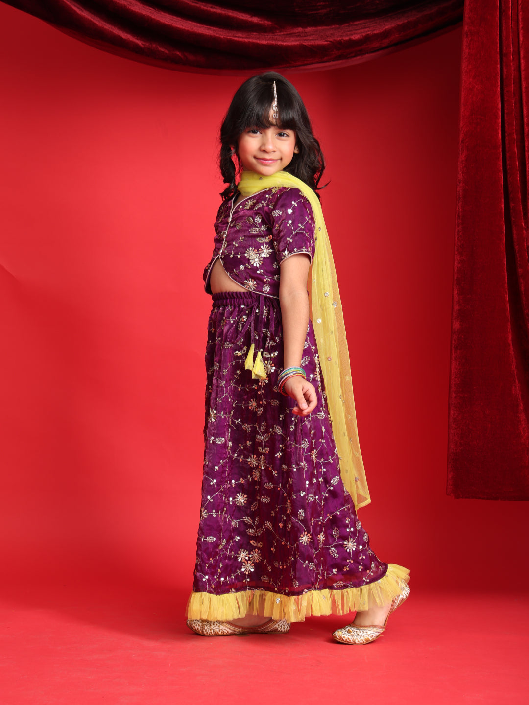 Girls Party Wear Purple Lehenga Choli with Yellow Dupatta