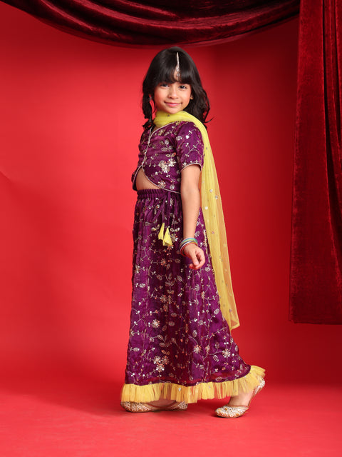 Girls Party Wear Purple Lehenga Choli with Yellow Dupatta