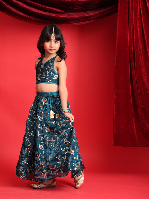 Girls Teal Blue Embroidered Lehenga Choli Set