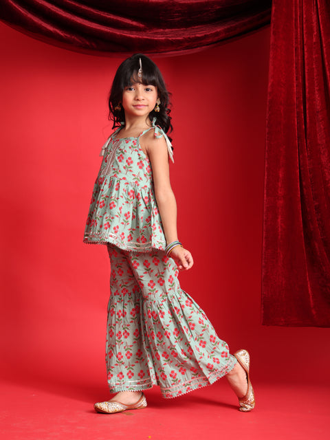 Mint Green Floral Printed Top & Sharara Set for Girls