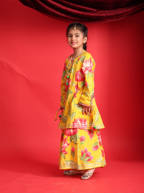 Yellow Floral Printed Lehenga Choli Set for Girls