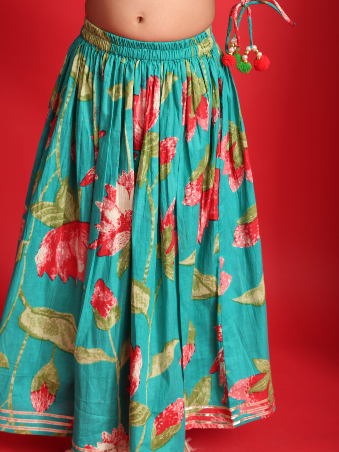 Teal Floral Printed Lehenga Choli Set for Girls