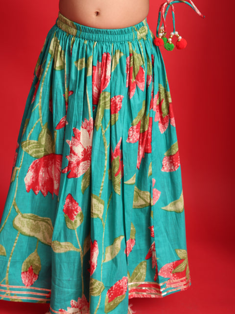 Teal Floral Printed Lehenga Choli Set for Girls